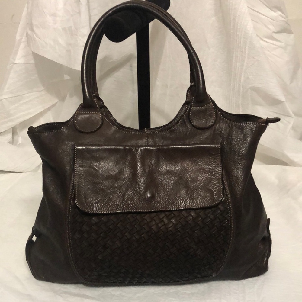 Classic Woven Front Leather Tote - Dark Brown